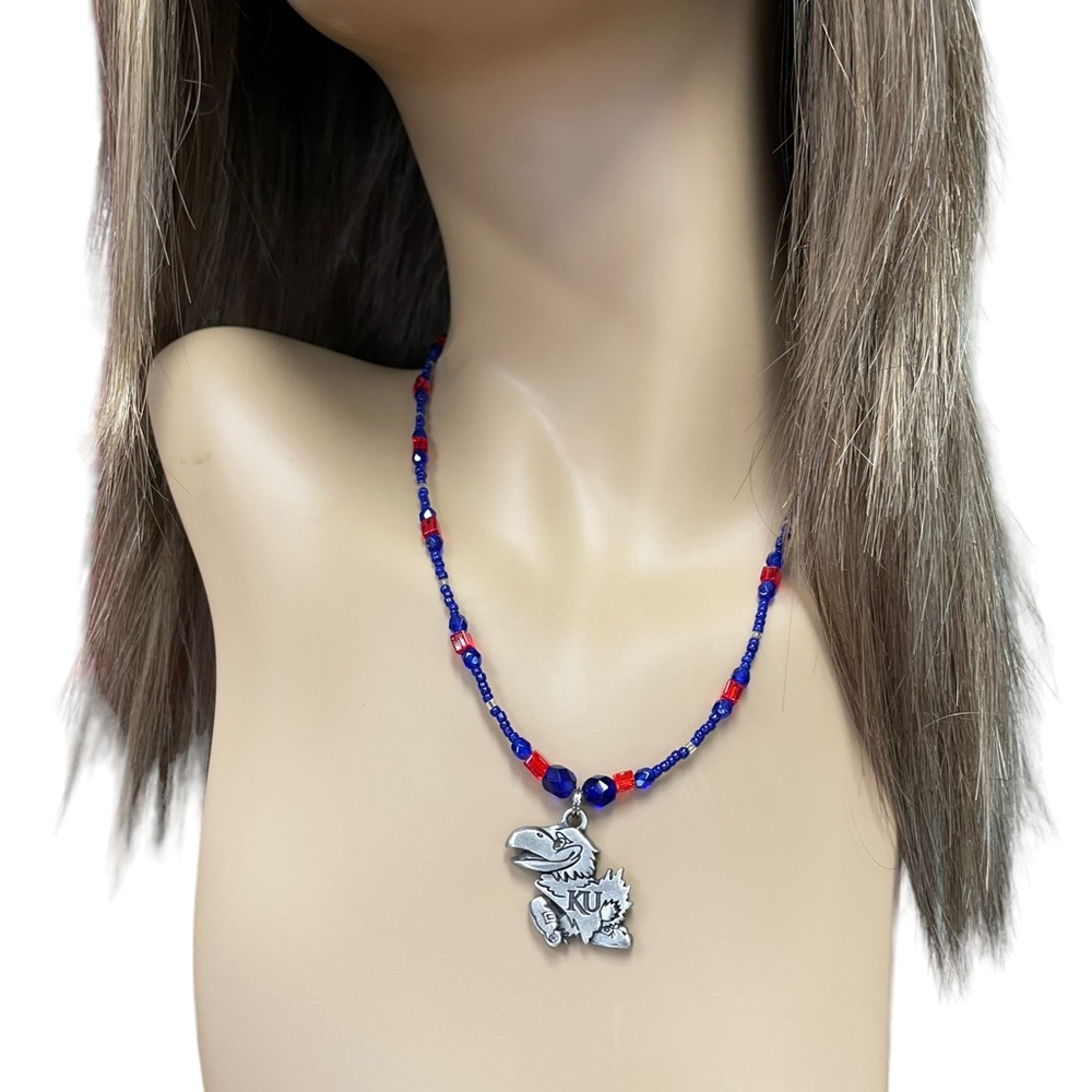 Ann Peden University of Kansas Jayhawk Game Day Beaded Pendant Crimson Blue